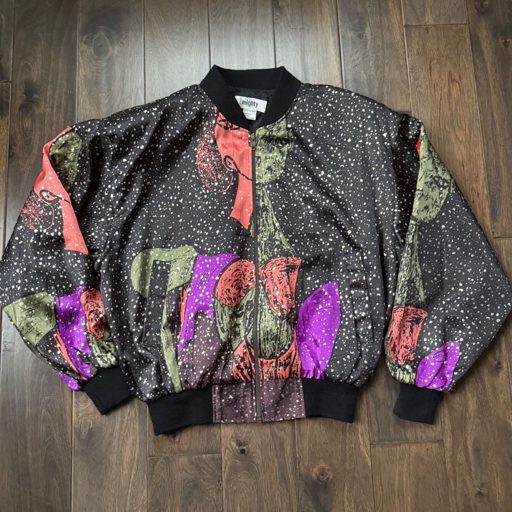 Mighty Bomber Vintage Jacket Women OS Black Multi Excellent Abstract Face‎ Print